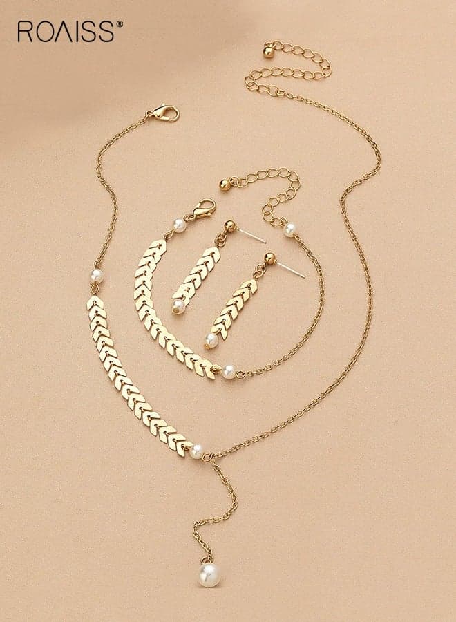 Women's Jewelry Set, Minimalist Wheat Ear Pearl Necklace for Ladies, Fashionable Vintage Versatile Bracelet Necklace Earring Set, Cool-Toned Elegant Jewelry, Perfect for Holidays, Anniversaries, and Banquets, Gold