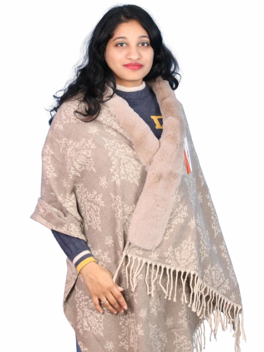 Pick Ur Needs Elegant Winter Soft & Warm Woolen Shawl with Faux Fur Border Multi Color Pattern Scarf (Brown)