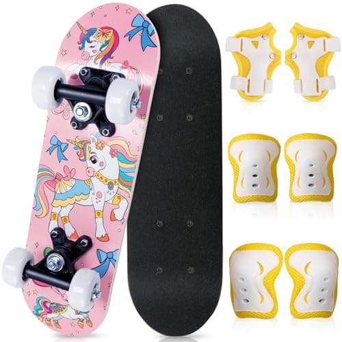Honoson 7 Pcs Skateboard for Toddlers Beginners Knee Elbow Pads Wrist Guards Gear Set (Cute Unicorn, Age 2-5 Kids 17 x 5'')