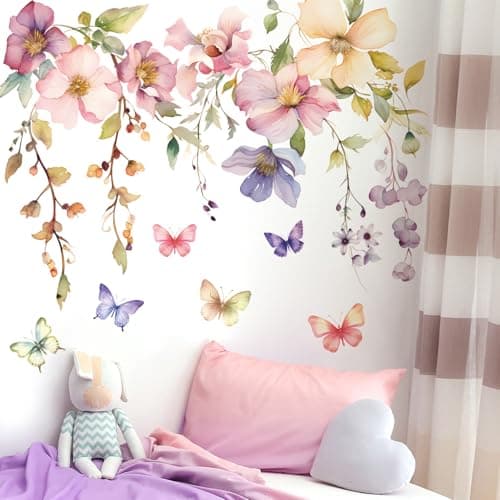 DRWSSR 2Sheets Hanging Creative Removable DIY Colorful Flower and Vines Wall Decal Watercolor Butterflies Wall Decal Waterproof Vinyl Wall Decal Decor for Girls Bedroom LivingRoom Wall Corner DecorD