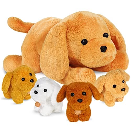 KMUYSL Puppy Stuffed Animals Toys for Ages 0 1 2 3 4 5 6 7 8+ Years Old Kids - Mommy Dog with 4 Baby Puppies in Her Tummy, Idea Xmas Birthday Gifts for Baby, Toddler, Girls, Boys