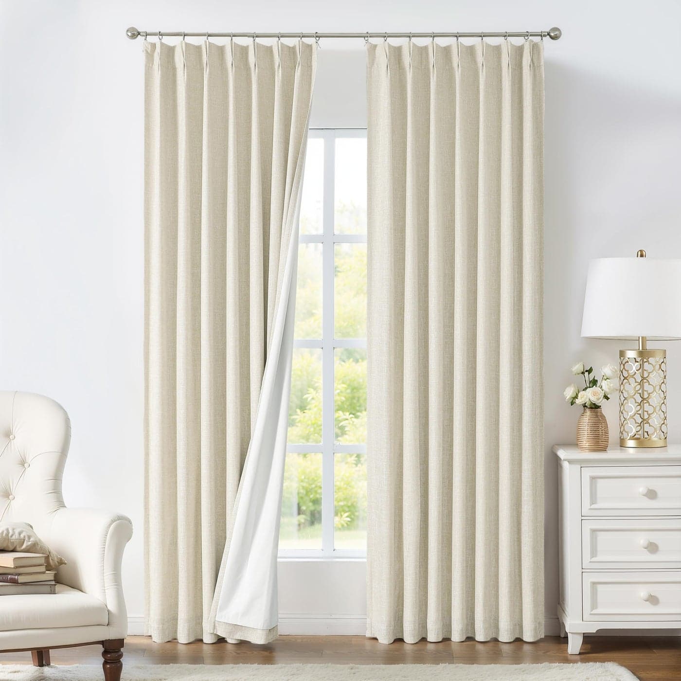 Sand Pinch Pleated Full Blackout Curtains Energy Efficient Linen Texture Window Treatment Panel 84 Inch with Full Blackout Liner for Bedroom Thermal Insulated Back Tab Drapes with Hooks 40Wx84Lx2