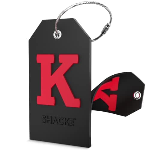 Shacke Large Luggage Tag Initial with Full Privacy Cover and Stainless Steel Loop - Black (Letter K)