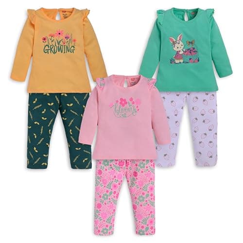 LuvLap Baby Girls Pack of 3 Full Sleeve Top & Pyjama Set 100% Cotton, XL (12 to 18 Months),Multicolor