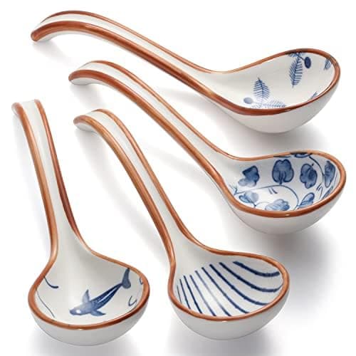 Asian Soup Spoon Ceramic Ramen Spoons Korean Spoons Porcelain Japanese Soup Spoon for Ramen Noodles Pho Miso Dumpling 4pcs Style 1