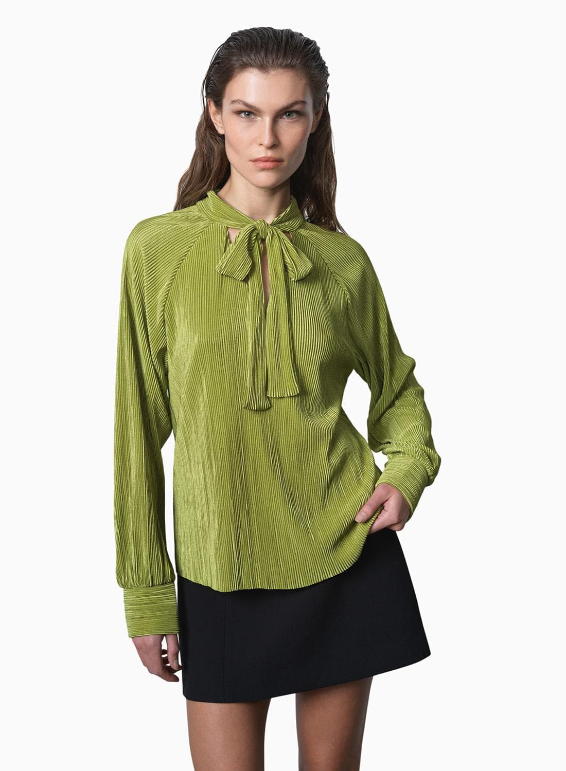 Rylah Plisse Long Sleeve Tie Neck Shirt