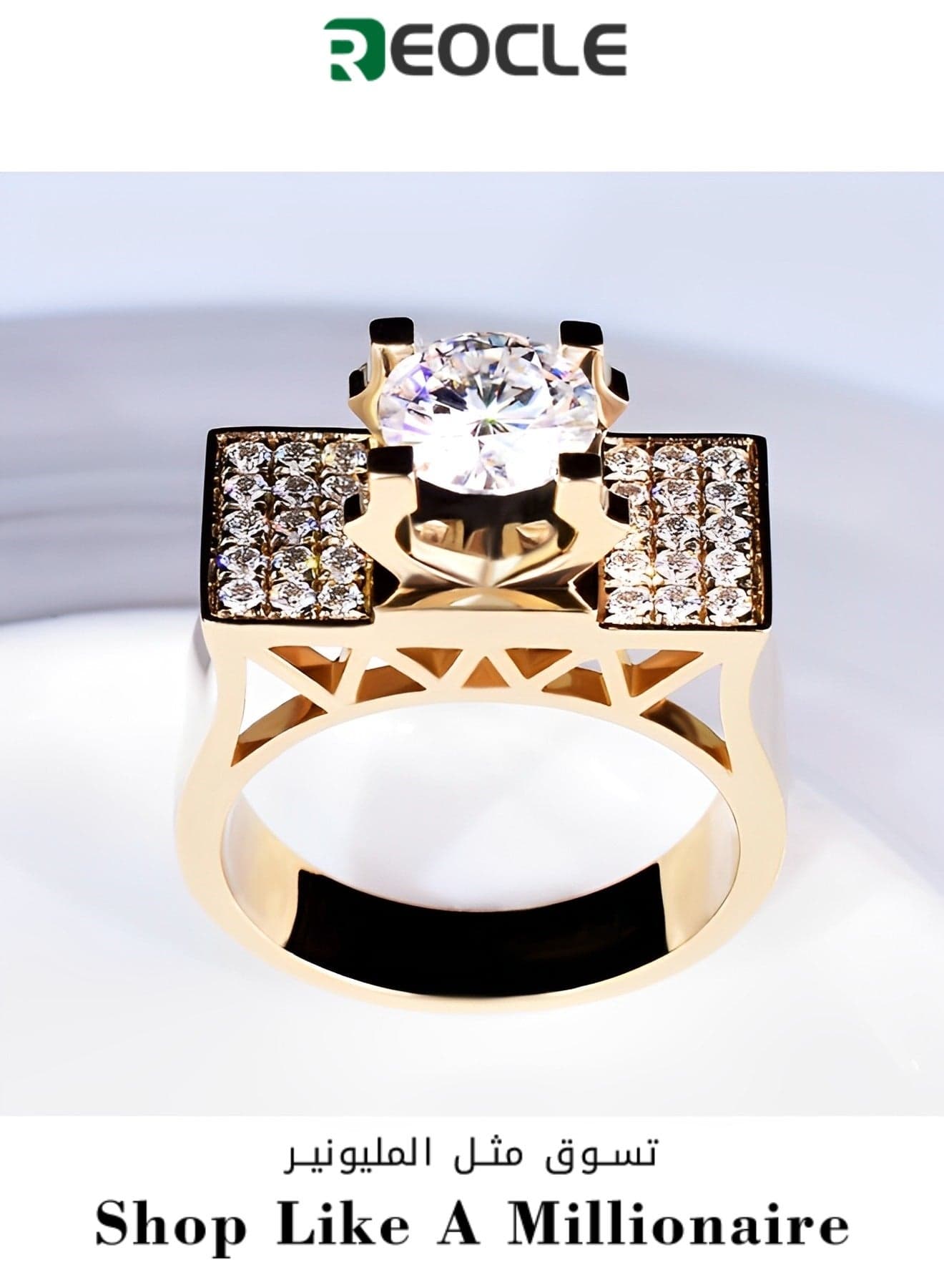 Men's Diamond Ring 18K Gold Plated Round Diamond Cut Ring Noble Luxurious Diamond Golden Ring Anniversary Wedding Band Ring for Valentine's Day Gift