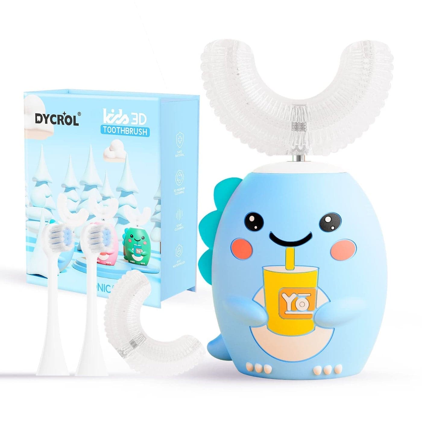 Kids U Shaped Electric Toothbrush with 4 Brush Heads Sonic Toothbrush Kids with 5 Modes Cartoon Dinosaur 360Degree Cleaning IPX7 Waterproof Design 26 Age Blue