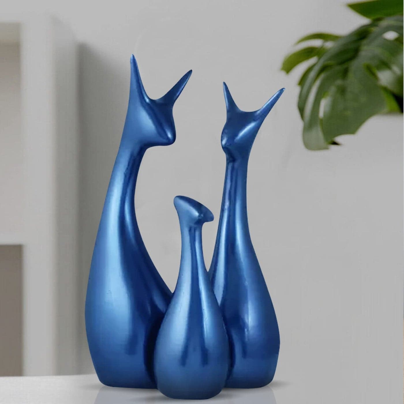 ARTISANS ALLEY Muted Matte Metallic Blue Home Decor Lucky Deer Family Ceramic Figurine Set of 3 Blue