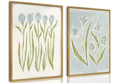 wanyun Blue Tulip Flower Wall Art Set of 2 Watercolor Floral Preppy Canvas Poster Prints Modern Botanical Painting Aesthetic Picture for Living Room Bedroom Bathroom Apartment Wall Decor 12x16 Inch Framed