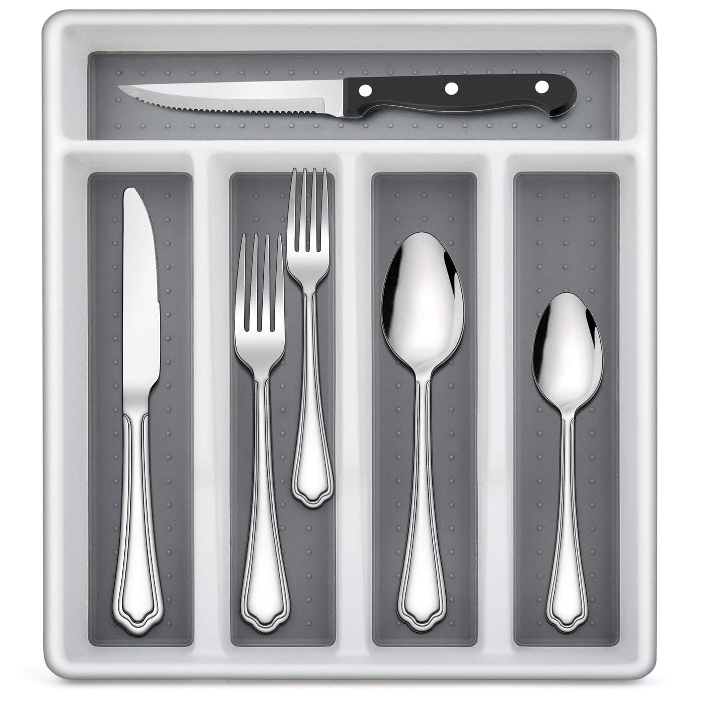 LIANYU 72Piece Silverware Set with Steak Knives and Organizer Tray Stainless Steel Cutlery Flatware Set for 12 Tableware Eating Utensils with Scalloped Edge Dishwasher Safe Mirror Polished