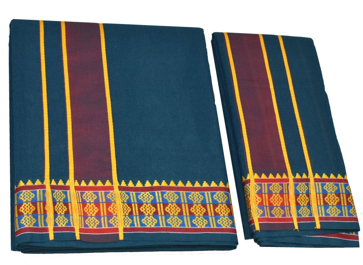 TUNI MANI Men's Panchakacham Dhoti with Angavasthram with Zari Border, Cotton, Size: 9 X 5 (4.0mtr Dhoti, 2.25mtr Towel) (Teal)