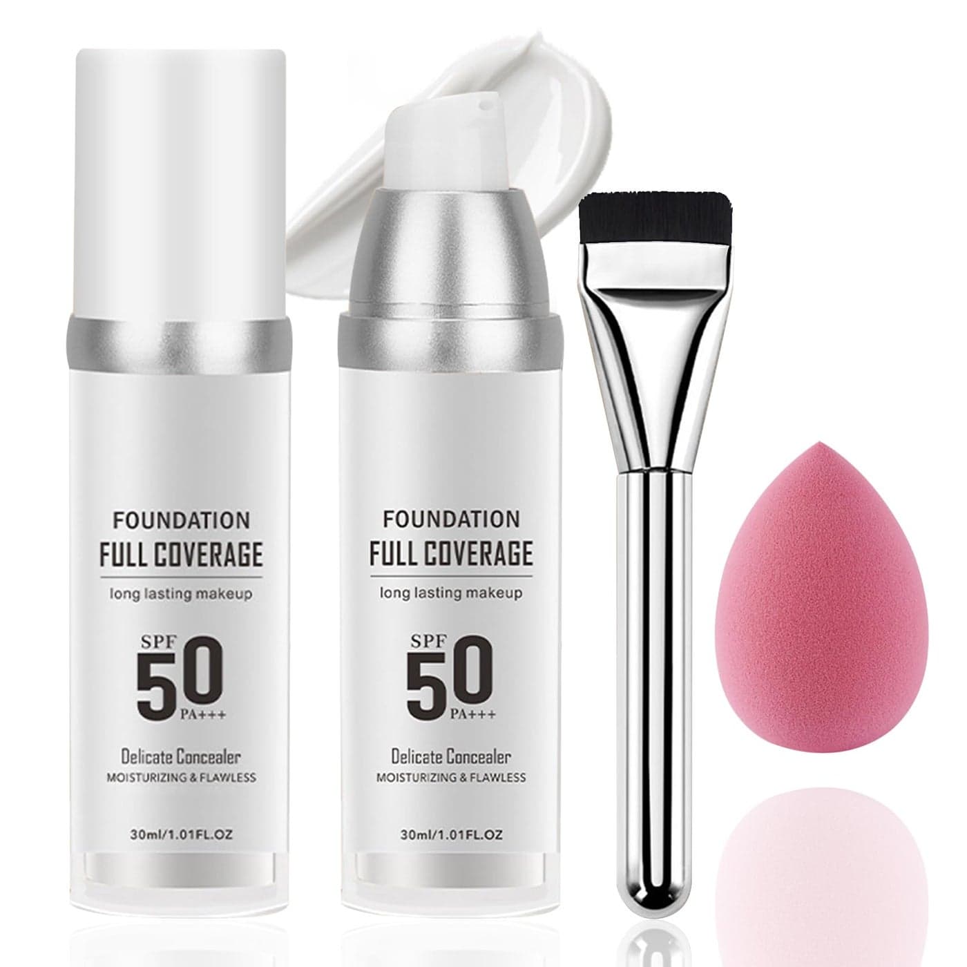 2PCS Color Changing Liquid Foundation MakeupFlawless Full Coverage Foundation with Makeup Brush and SpongeNongreasy Long Lasting Moisturizing SPF50 PA Face Sunscreen for WomenA