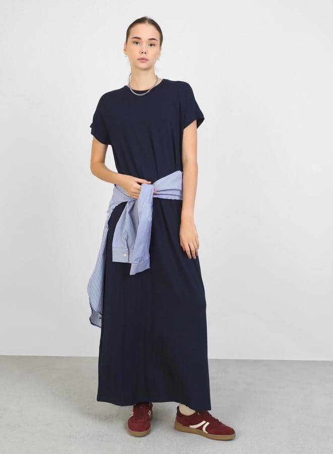 Benin by modanisa Navy Blue Solid Crew Neck Maxi Dress