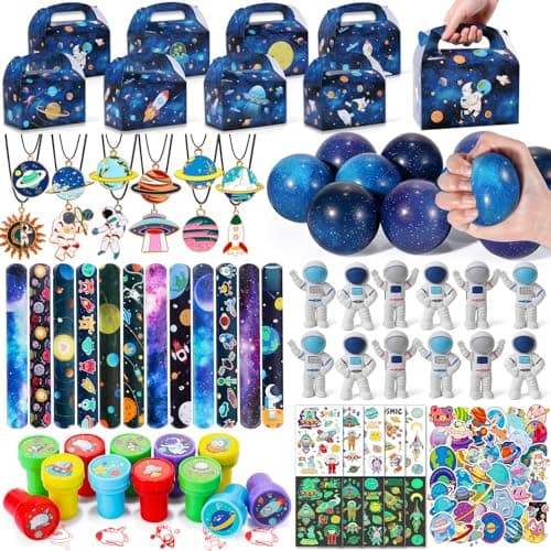 Golray 134pcs Space Party Favors with Box Stress Balls Erasers Luminous Tattoos Stamps Necklaces Bracelets Outer Space Birthday Decorations Gift Goodie Bag Stuffers Astronaut Toys for Kids Boys Girls