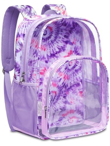 BLUEFAIRY Clear Backpack for Girls School Book Bag Stadium Approved Heavy Duty PVC See Through Bag Large Transparent Bookbag for Kids Travel Work Events Mochilas Escolares para Nias Spiral Purple
