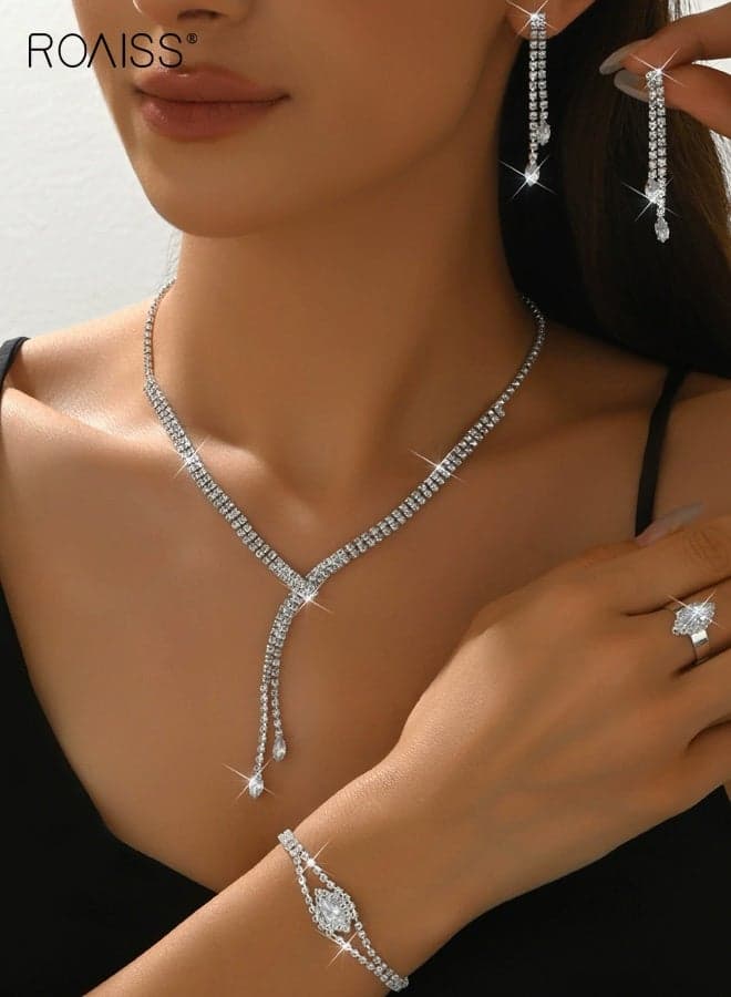 4Pcs Silver Bridal Wedding Jewelry Sets, Rhinestone Necklace Earrings Bracelet Ring Set for Ladies, Prom Formal Costume Jewelry Sets for Women and Brides
