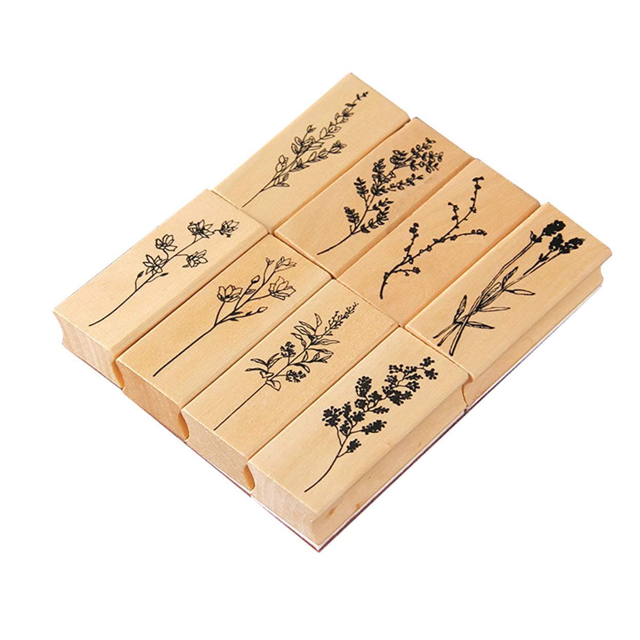 Yansanido Pack of 8 Pcs Plant and Flower Shape Wooden Rubber Stamps 25 Inch x 1 Inch x 06 Inch for DIY Craft Card and Photo Album 8Pcs Plant Flower02