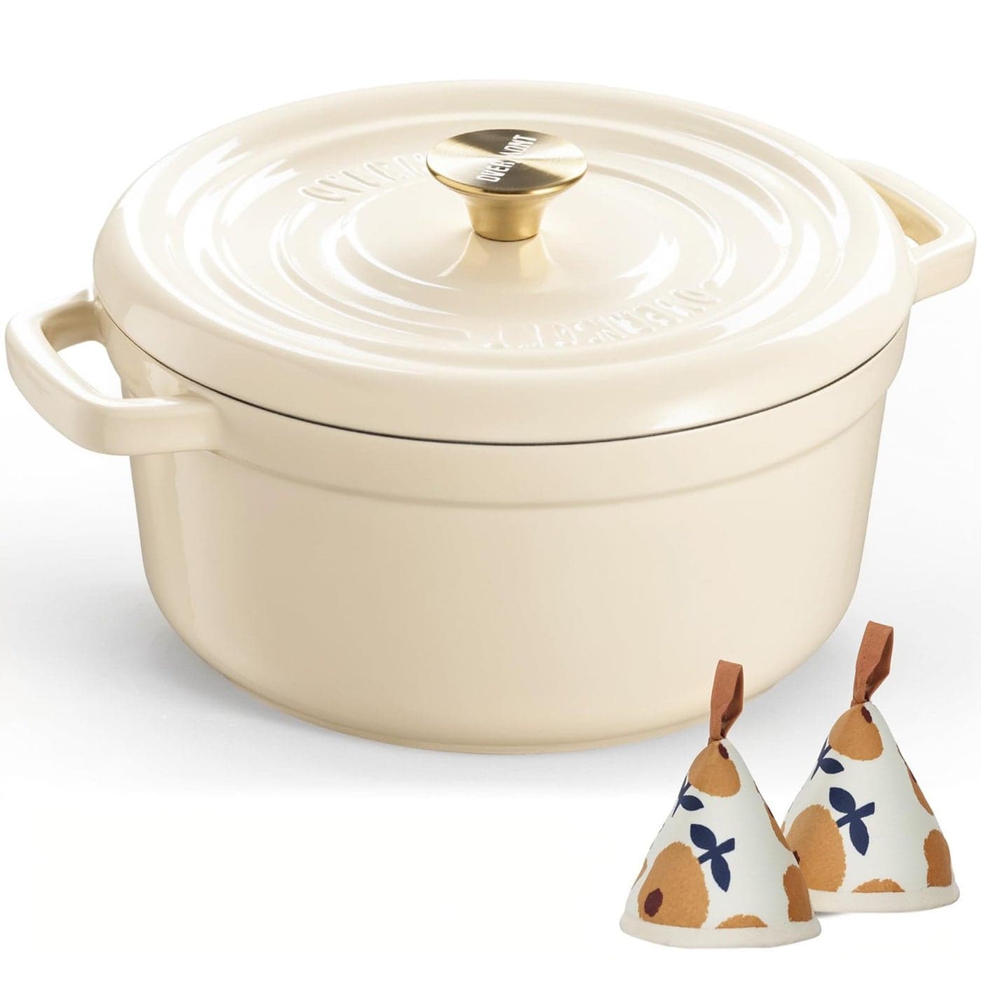 Overmont Enameled Cast Iron Dutch Oven 5QT Pot with Lid Cookbook Cotton Potholders HeavyDuty Cookware for Braising Stews Roasting Bread Baking Cream white