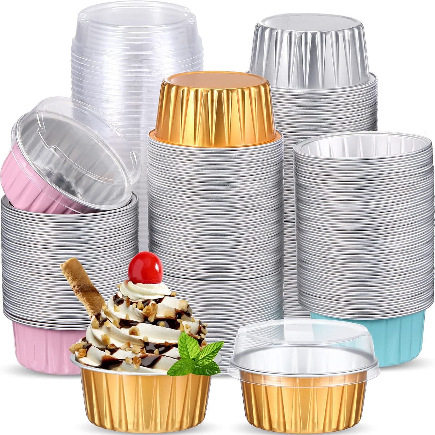 Thenshop 200 Pcs 5oz Mini Aluminum Baking Cups Disposable Loaf Cake Pans with Lid Wedding Bridal Shower Foil Cupcake Tins Liner Crme BrLe Ramekins Dessert Custard Pie Cheesecake Muffin Containers