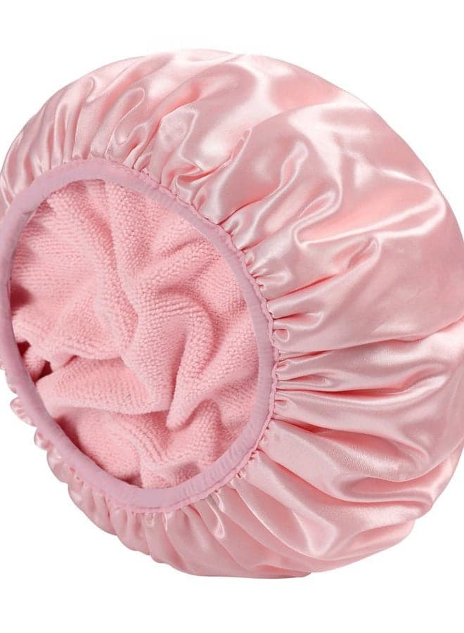 Terry Lined Shower Cap,Triple Layer Large Cap for Women,Shower Cap Reusable Waterproof,Long Thick Hair(Pink)