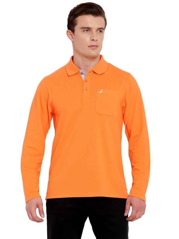 AMERICAN CREW Full Sleeves Polo Collar T-Shirt with Pocket for Men (AC879-S_Orange Peel)