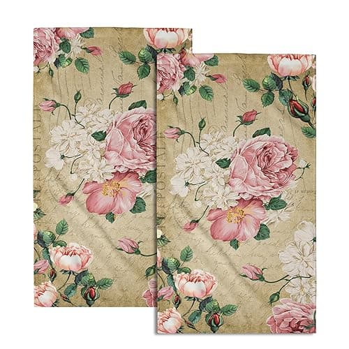 Vintage Rose Floral Hand Towels, 15x30 in Set of 2, Retro Pink Flower Leaves Stamp Hair Face Towel Soft Highly Absorbent Shabby Chic Beige Fingertip Towel for Bathroom Girl Woman Guest Gifts