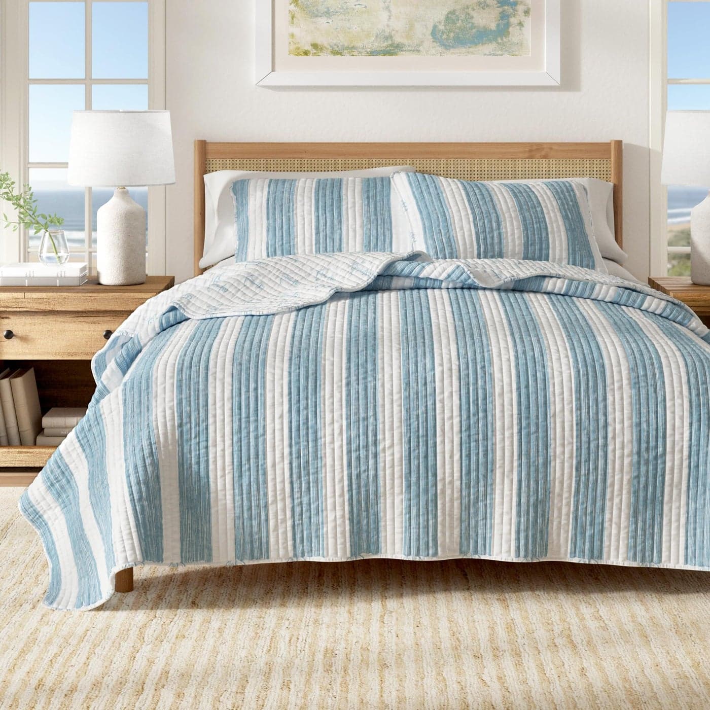 King Coastal Quilt Bedding Set Summer Coastal Quilt with Shams Beach 3Piece Reversible All Season Bedspread Quilt Set Lightweight Nautical Quilted Coverlet Casco Bay Collection Blue