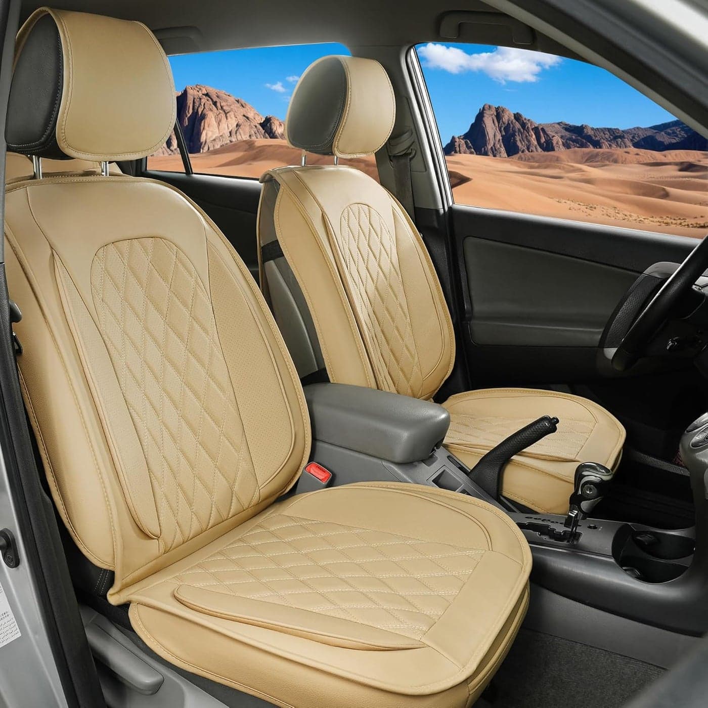 LINGVIDO Diamond Leather Car Seat Covers - Beige (2 PCS Front Seat)