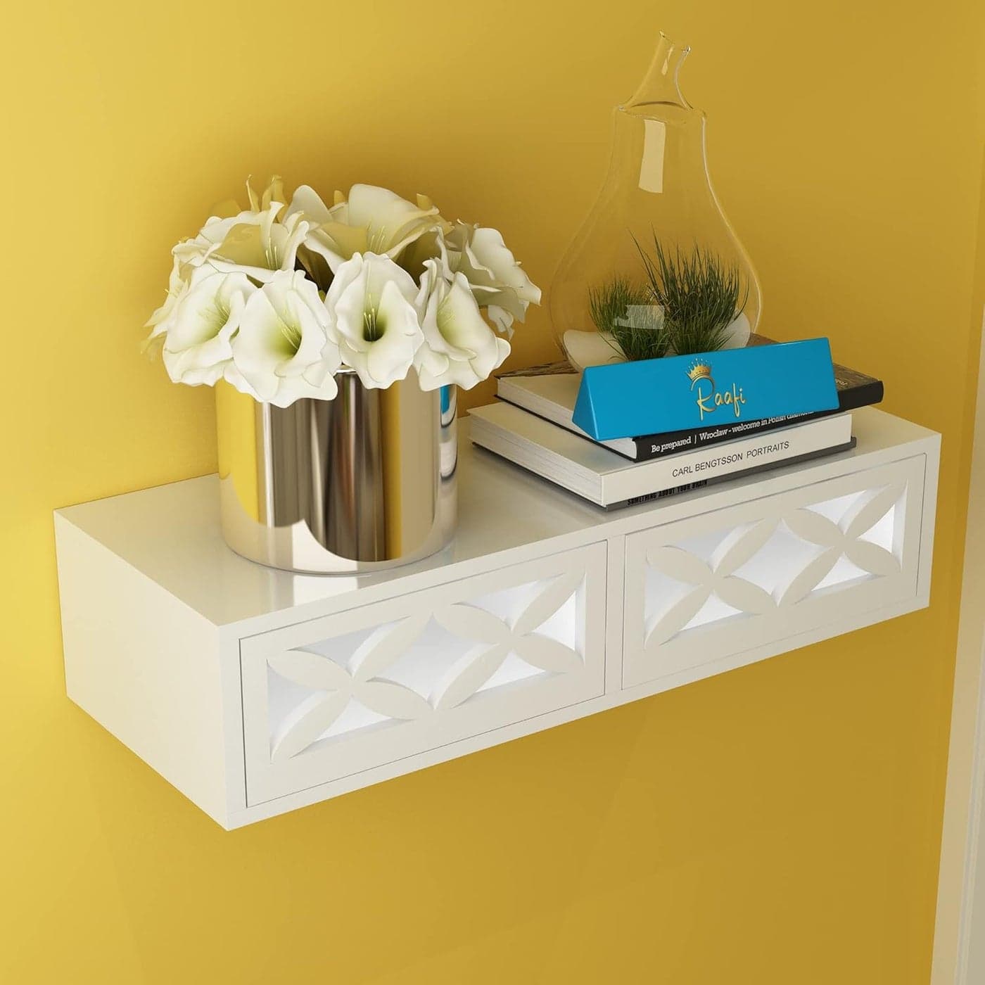 Raafi Exclusively Launched Engineered Wood Wall Shelf with Drawer for Living Room Storage and Home Decorative Glossy Finish White
