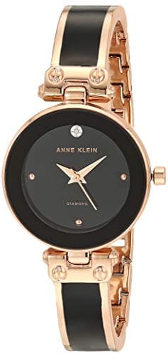 Anne Klein Women's Genuine Diamond Dial Bangle Watch, AK/1980, Black/Rose Gold