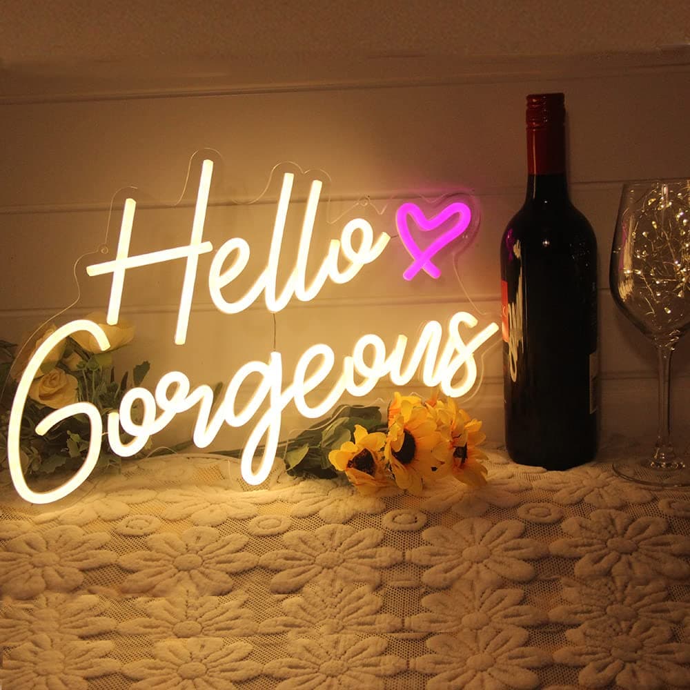 DAKABUKA Hello Gorgeous Neon Sign Hello Beautiful Warm White LED Neon Lights for Home Wedding Birthday Backdrop Bacelorette Party Wth Dimmable Switch5V165X106inches