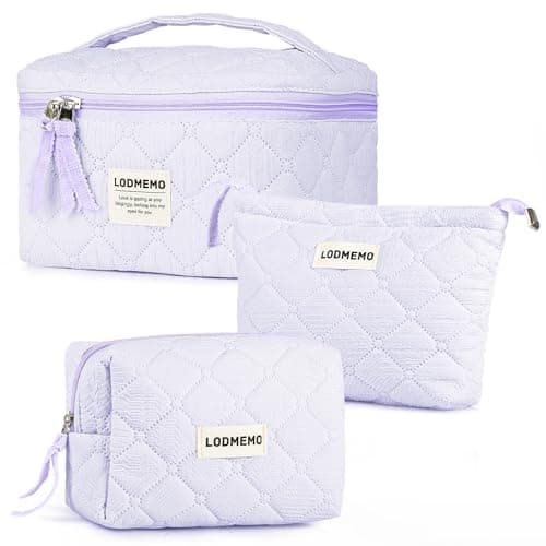 Lodmemo Makeup Bag 3 PCS Cosmetic Bags for Women, Quilted Travel Make up Bag Set Cute Cotton Toiletry Bag Organizer Pouch for Purse, Purple