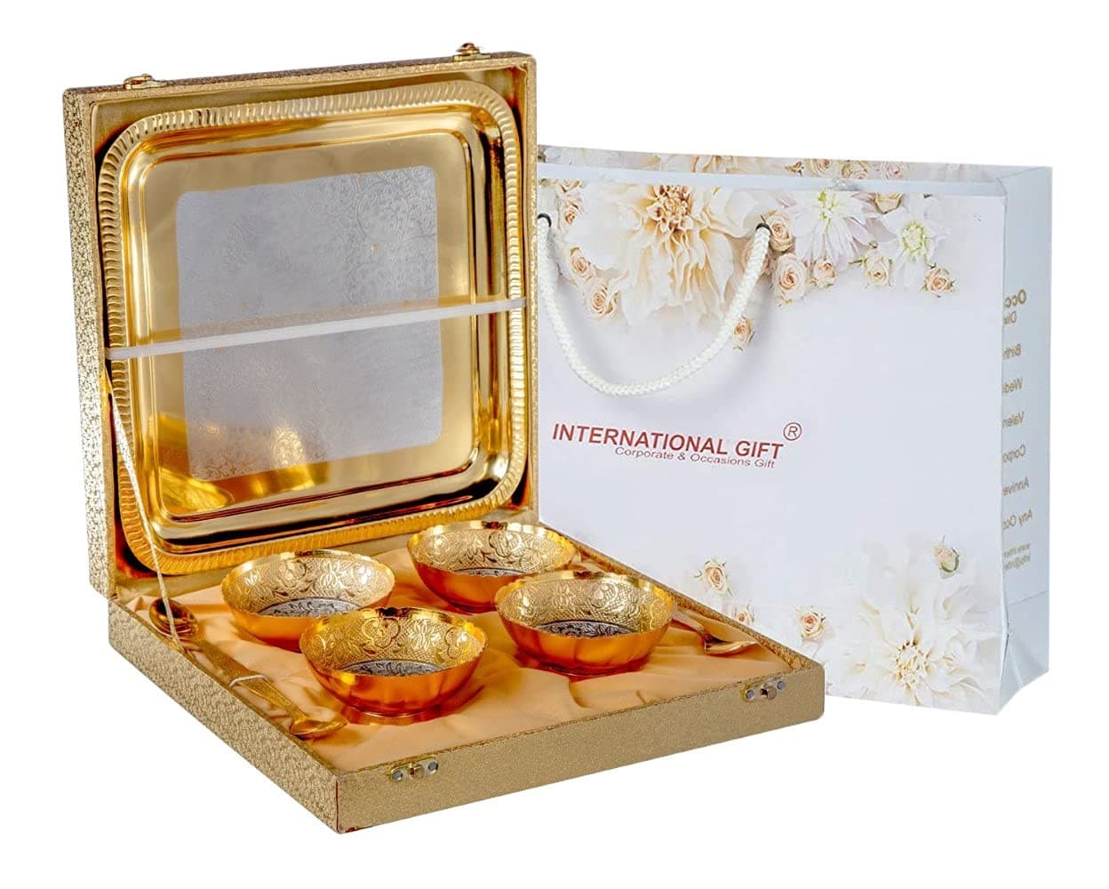 INTERNATIONAL GIFT® German Silver Brass Round Bowl Set with Tray and Spoon with Royal Royal Luxury Velvet Box Used for Dry Fruit, Sweets and Home Decor