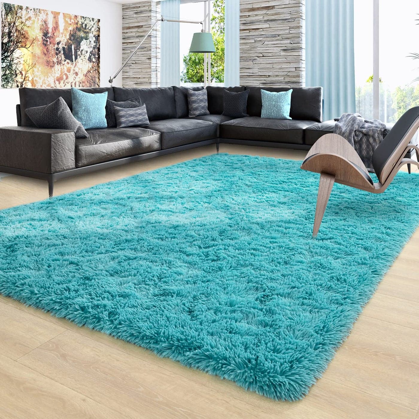 Ompaa Fluffy Rug Super Soft Fuzzy Area Rugs for Bedroom Living Room 6 x 9 Large Plush Furry Shag Rug Kids Playroom Nursery Classroom Dining Room Decor Floor Carpet Teal Blue