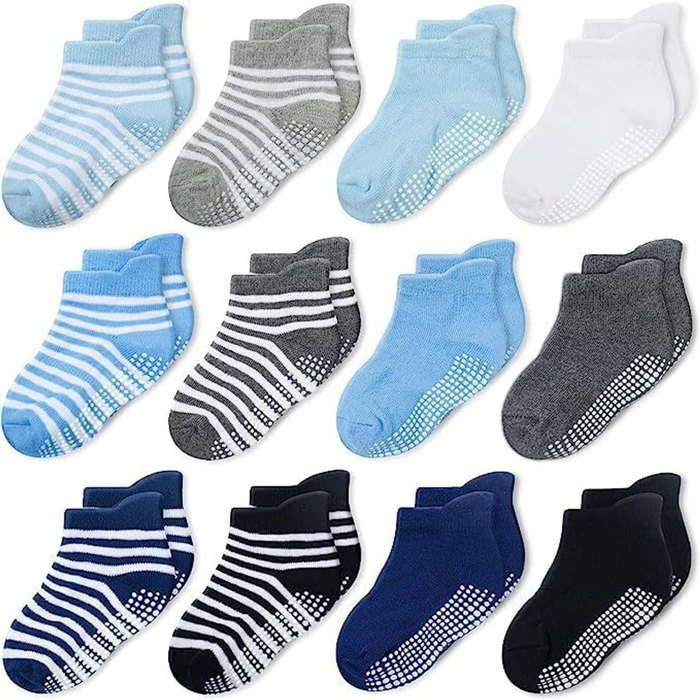 CozyWay Baby Toddler Socks with Grippers Non Slip Ankle Grip Socks For Boys and Girls Comfy Soft Cotton 1T3T BlueWhite 12 Pack
