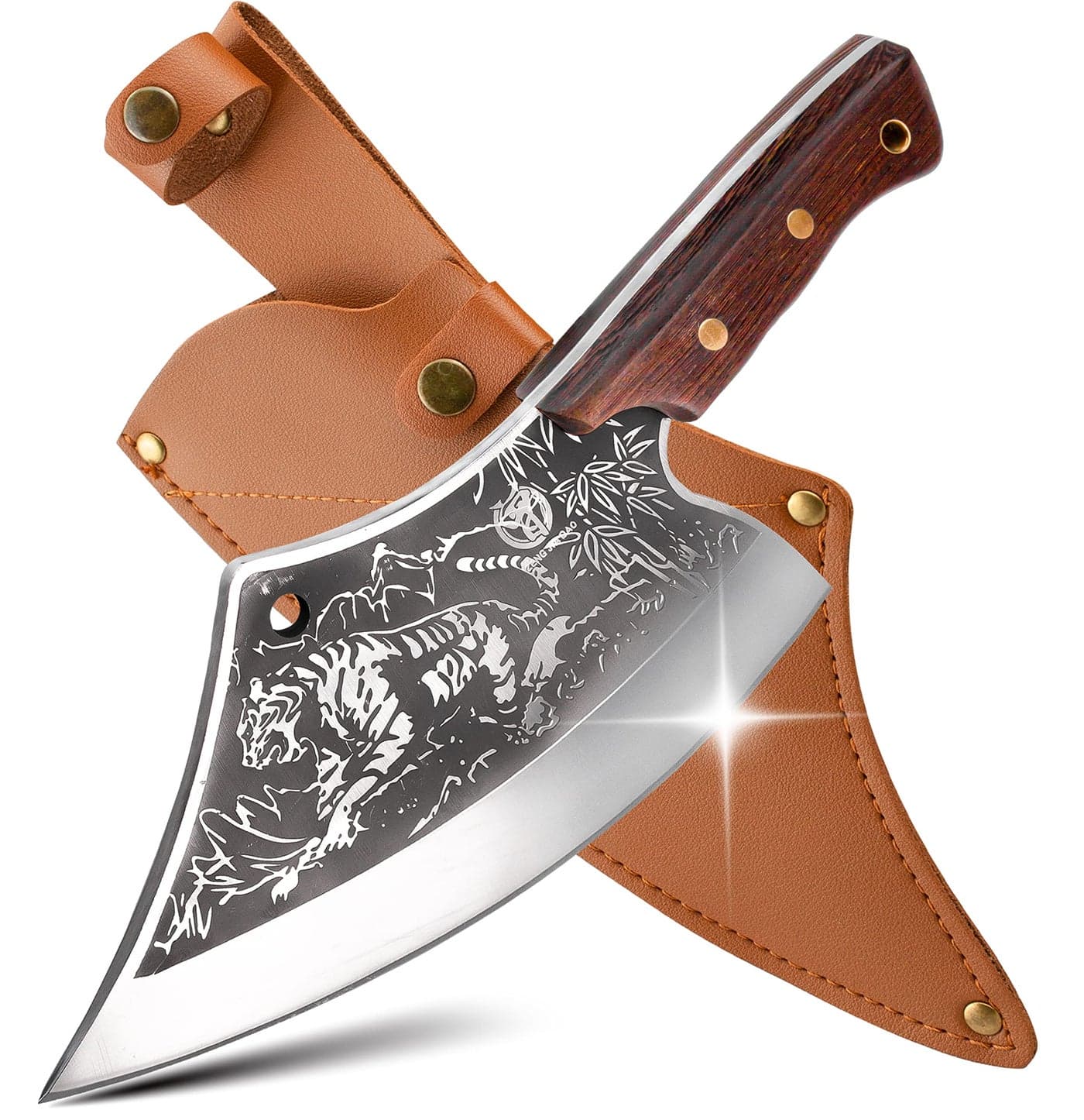 ZENG JIA DAO Meat Cleaver, Viking Boning Meat Cutting Knives with Sheath 8''; Hand Forged Butcher Deboning Knife with Tiger Pattern Blade - for Home and Restaurant - Premium Gift