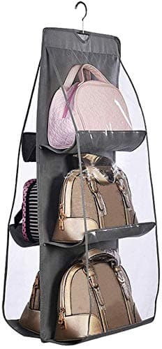 Inditradition NonWoven Polished 6 Pockets Standing Storage Rack for Handbags Purse Clutches Hats with Hook Grey 90 cm