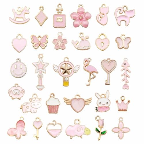 Zibuyu® 30Pcs Mixed Gold Plated Enamel DIY Charms for Jewelry Making Materials Kit - Gold Plated Jewelry Components Pink Enamel Designs Pendants Bracelet Making Set