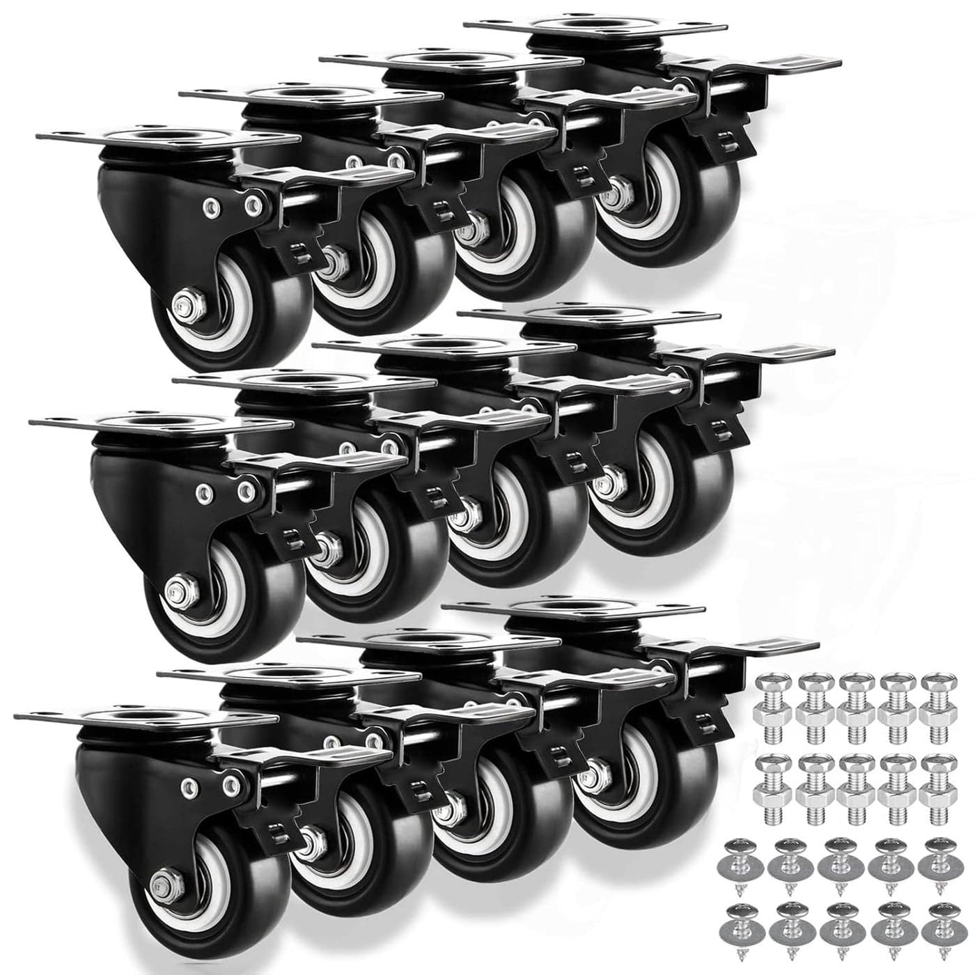 15 Casters Set of 12 HeavyDuty Industrial Caster Wheels PU No Noise Wheels with Double Locking and Double Ball Bearing Swivel Casters for Workbench Furniture Plate Castors Black