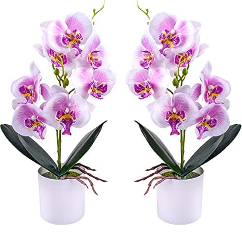 Artificial Orchid Flowers, 2 Pieces Potted Orchid Flowers Fake Orchids with Plastic Vase for Table Centerpiece Home Decor Office Wedding Party Decoration