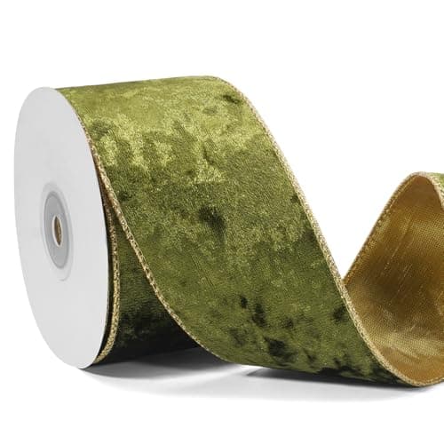 Olive Green Velvet Wired Ribbon Christmas Ribbon Wired 25 inch Wide 10 Yards Vintage Green and Gold Ribbon for Christmas Tree Gift Wrapping Topper Bows Ornaments Wreaths Garland Home Decor