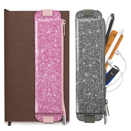 FINPAC 2-Pack Elastic Pen Holder for Notebook, Leather Pen Holder Stationery Zipper Bag for Pencils, Markers, Pen Pouch w/Elastic Band for Bible Journaling, Planners, Tablets, Glitter Pink Gray