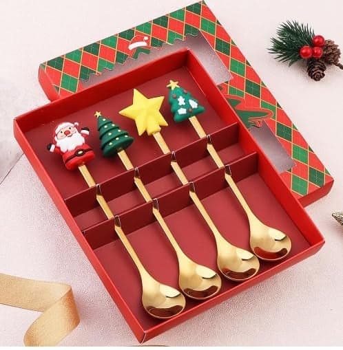 BentoGa Christmas Gift Box Set of 4 Pcs Cutlery (4 Spoons with Xmas Decorations), Stainless Steel, Golden Mirror Finish