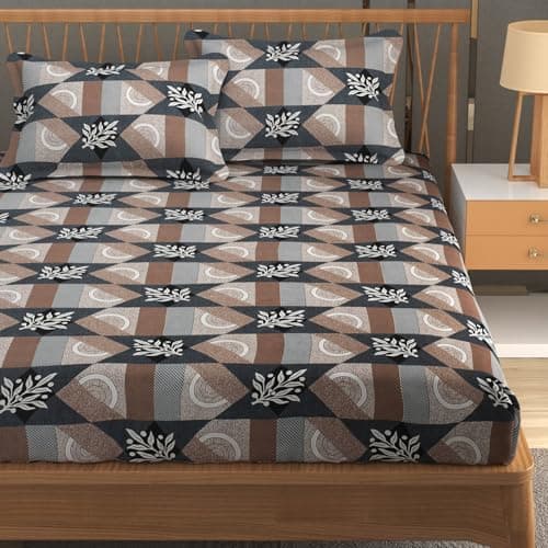 Furnofy Premium Floral Printed Double Bedsheet Set – Brown & Black (90x100 Inches) with 2 Pillow Covers – Flat
