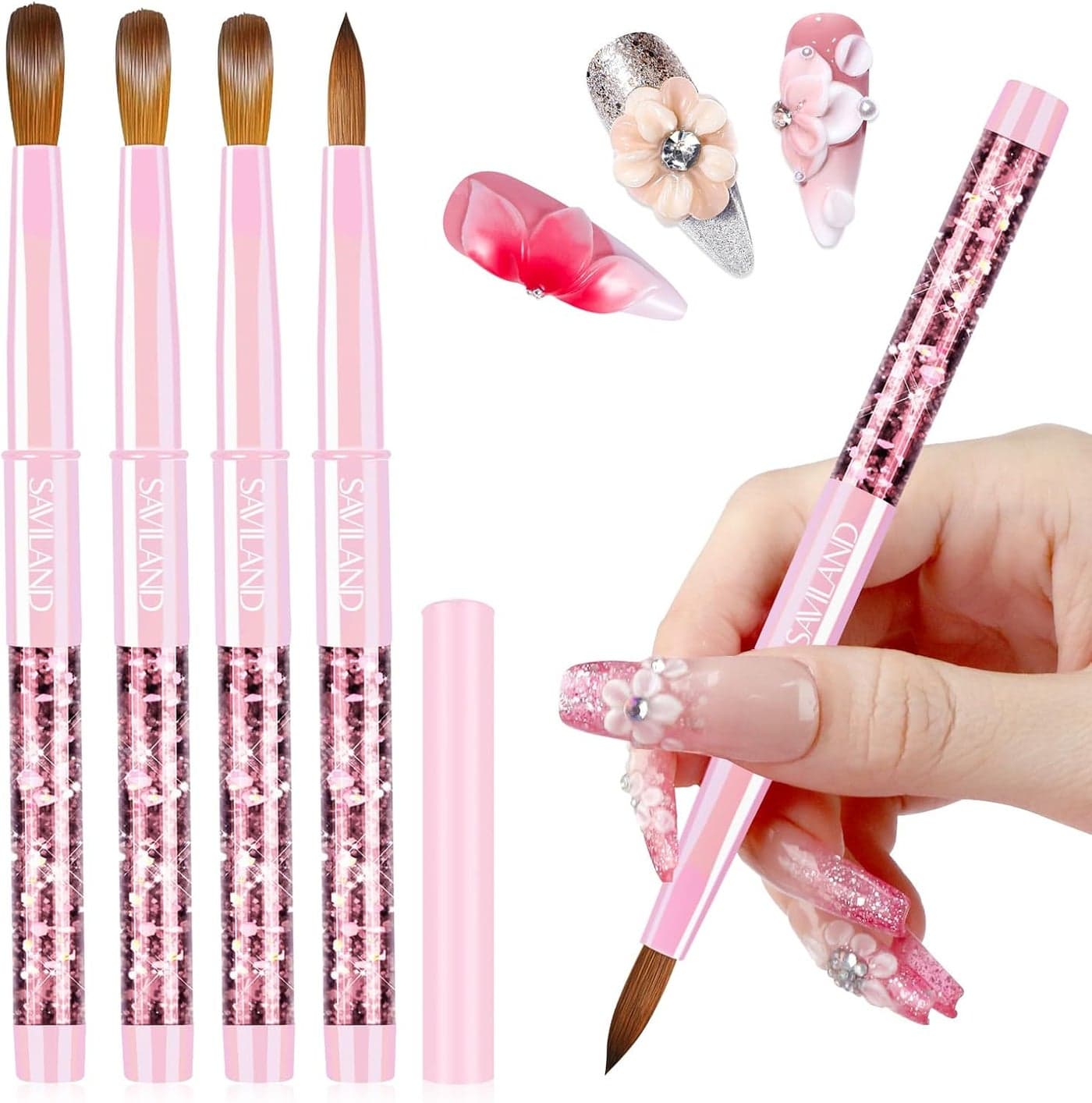 SAVILAND Kolinsky Acrylic Nail Brush Set Size 6101214 4PCS Gradient Pink Metal Barrel Nail Brush High Quality Acrylic Brush for Smooth Acrylic Application Nail Extension Carving DIYNails