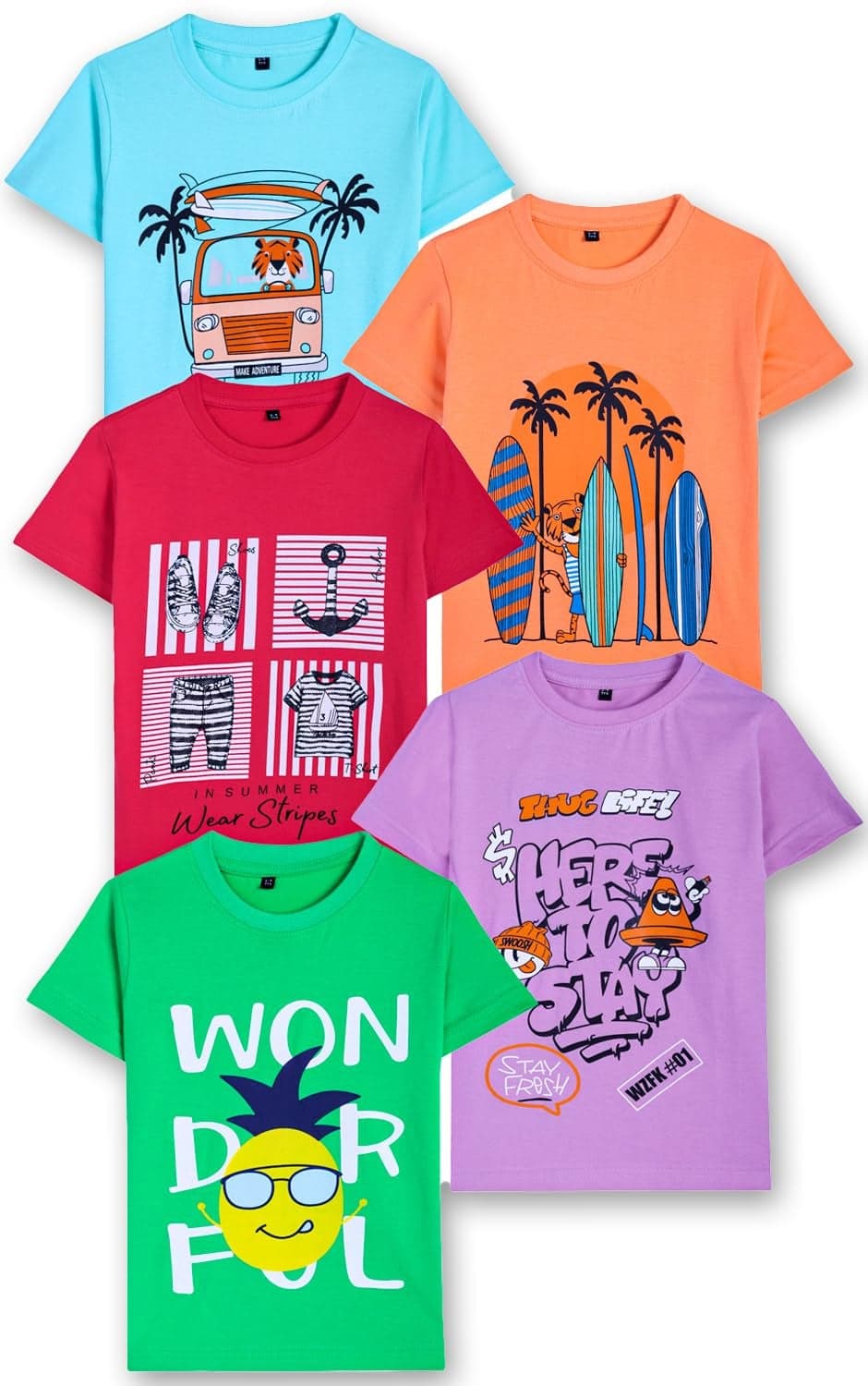 T2F Boys 100% Cotton Printed Pastel Colors Regular Fit T-Shirt (Pack of 5)