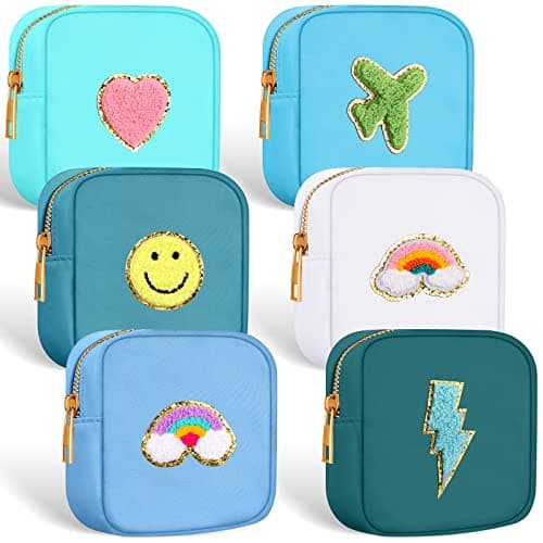 Zubebe 6 Pcs Preppy Patch Cute Makeup Bags Toiletry Bags Skincare Pouch Chenille Letter Nylon Bag for Purse Small Zipper Cosmetic Makeup Pouch Preppy Things for Travel(Stylish Color)