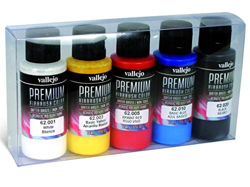 Vallejo Premium Color Set Opaque Basics Colors Matte Finish Airbrush Paints Multicolor Polyurethane Coating Kit RC Model Surface Coverage System 5 Bottles x 60 ml 202 floz