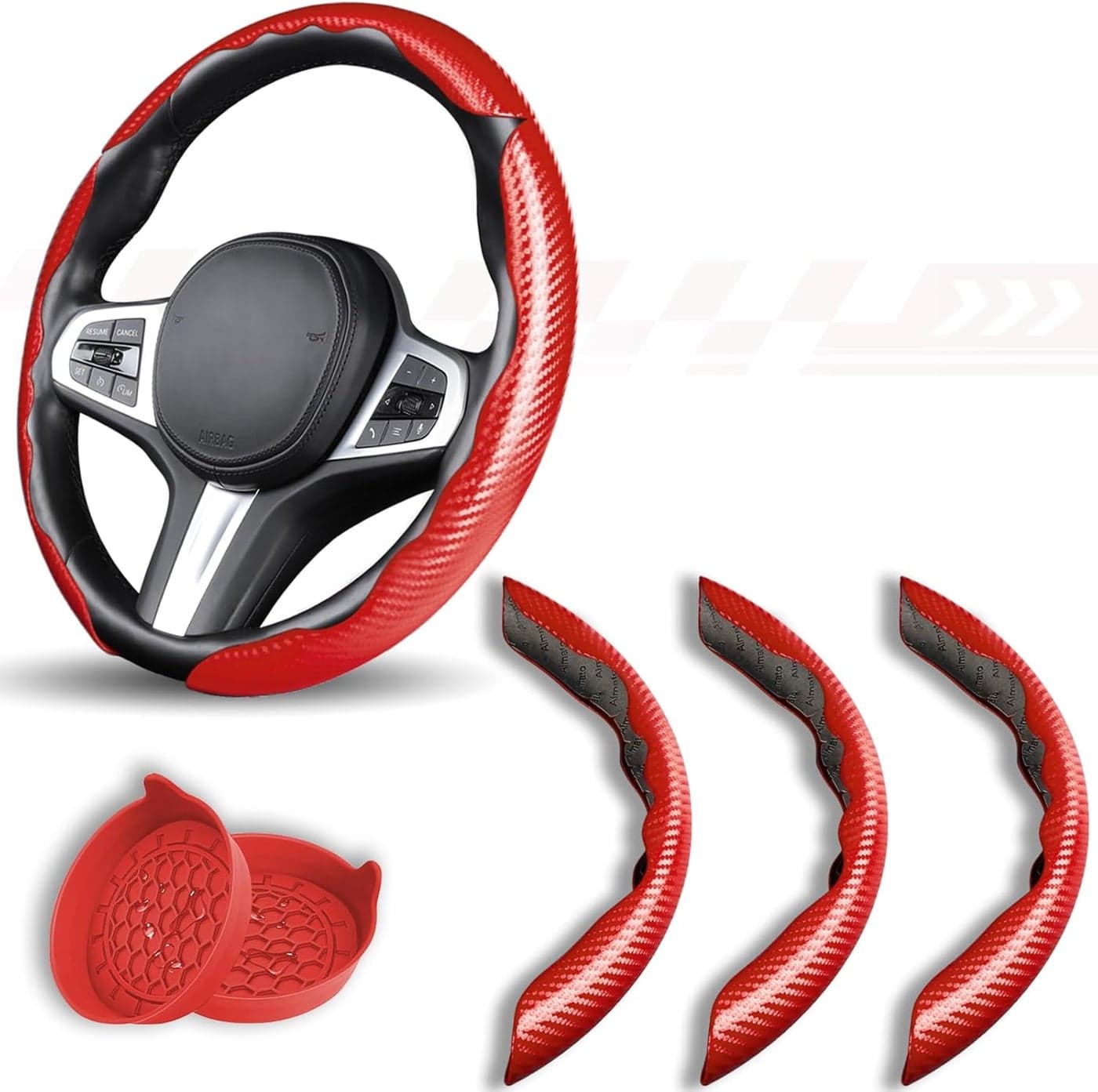 Aimato 2-Piece Carbon Fiber Leather Red Steering Wheel Cover